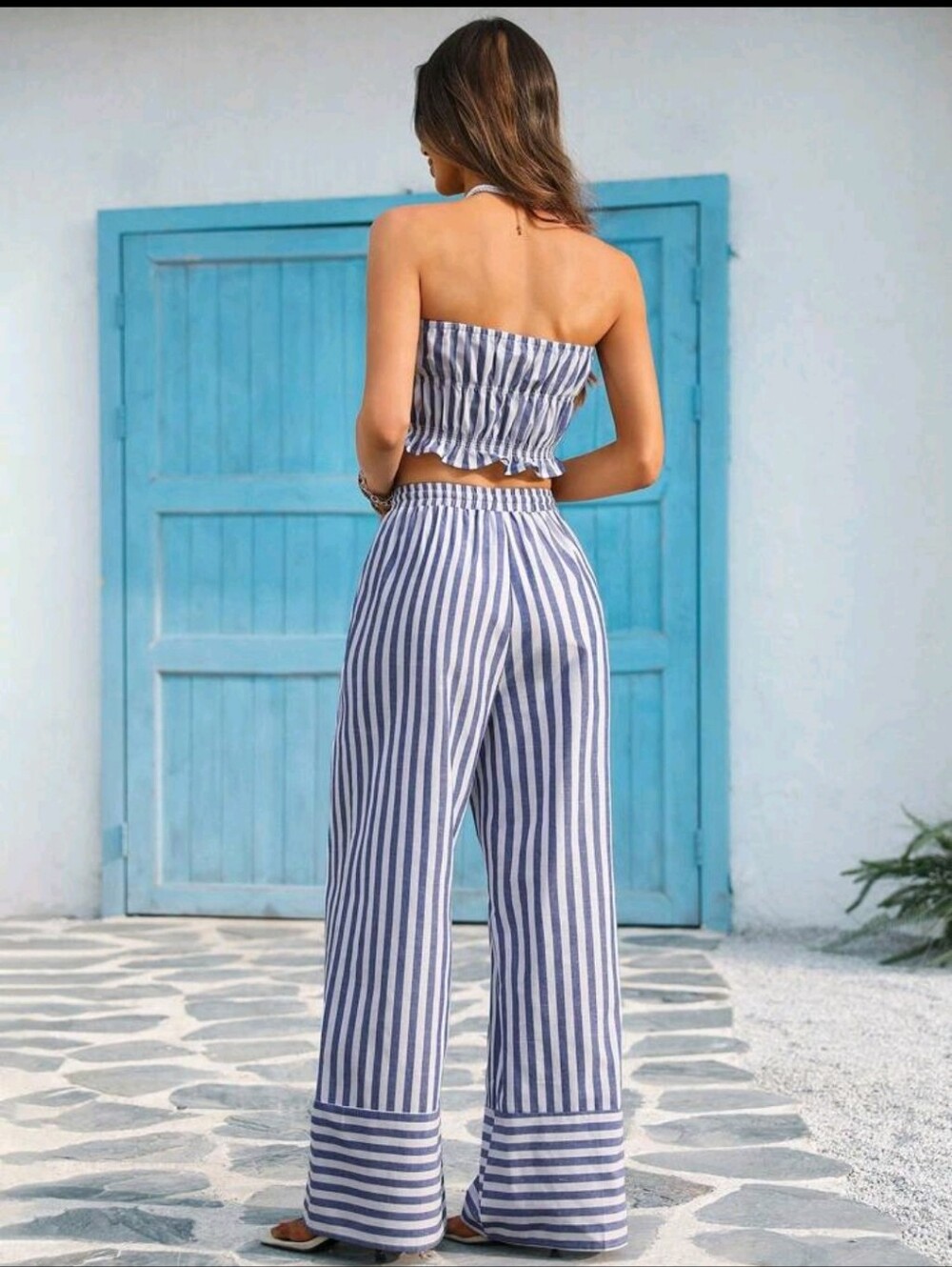 Striped Blue & White Wide-Leg Pants Set - Picture 2 of 8